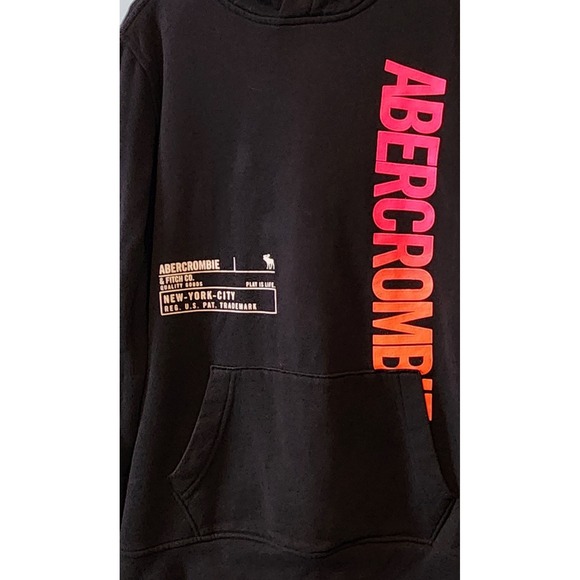 Abercrombie Kids Black Hoodie Neon Pink Logo Graphic Print Pullover Size 15 16 - Picture 2 of 11